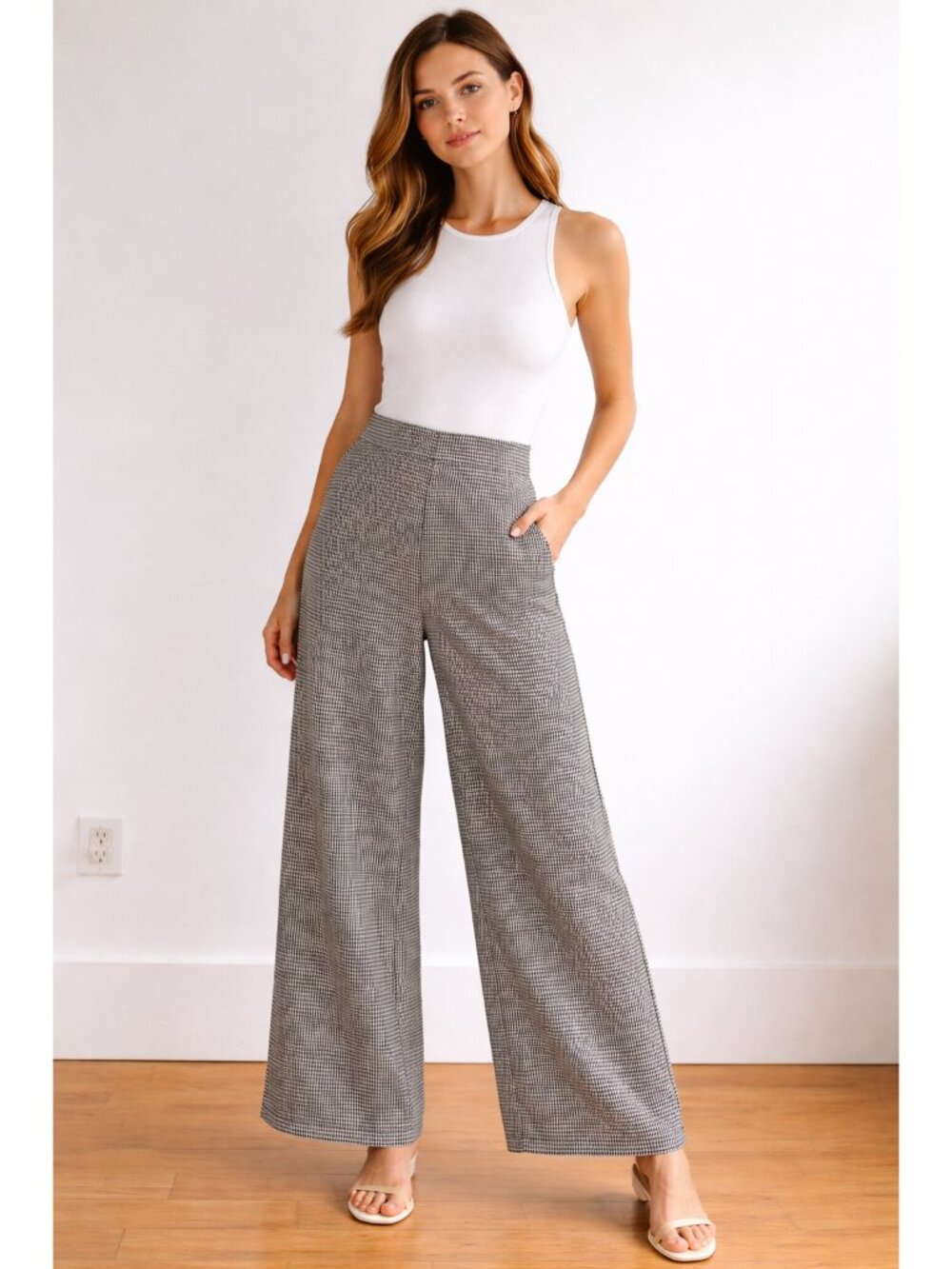 Meg & Margot Womens Sz M Wide Leg Ankle Pants Stretchy Pullon Houndstooth NewWT